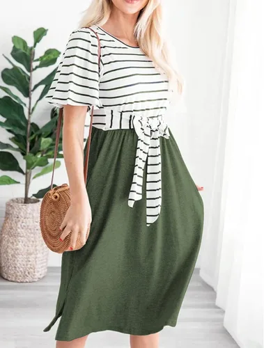 Vista 8 de MEROKEETY - Vestido largo hasta por debajo de la rodilla para el verano, con mangas de rayas y con volantes, con bolsillos en la cintura, con tira
