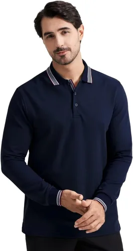 Vista 2 de Polo de piqué para hombre, manga larga, con punta de mezcla de algodón, casual, con cuello, ajuste clásico