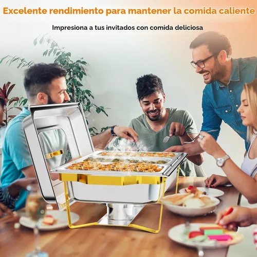 Vista 2 de ROVSUN Platos dorados para bufé, juego de bufé de 9 cuartos con tapa de vidrio, servidores y calentadores de bufé de acero inoxidable con marco