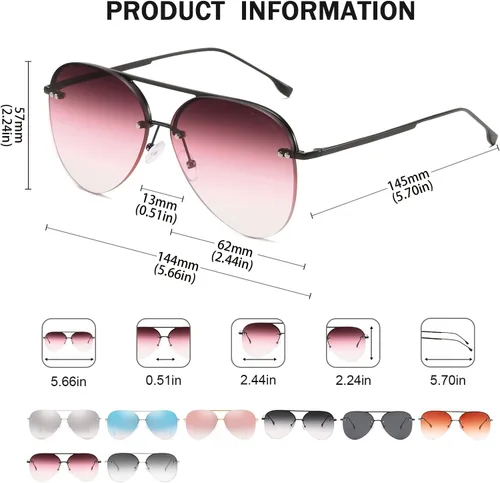 Vista 3 de Gafas de sol retro sin montura para mujer, estilo aviador, gafas de sol clásicas de gran
