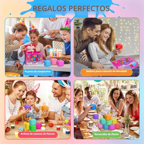 Vista 8 de Paquete de 12 cubos de estrés de aumento lento, bolas de estrés para masa, juguetes para aliviar la ansiedad, cubo suave, juguetes elásticos
