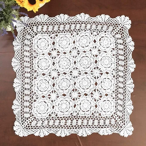 Vista 10 de Hetao Mantel cuadrado de ganchillo 100% algodón hecho a mano, manteles de encaje, color beige, 31 pulgadas