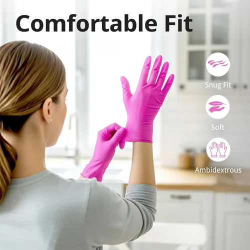 Vista 2 de SwiftGrip Guantes de nitrilo sin polvo, 3 mil, guantes de nitrilo desechables, sin látex, sin polvo, rosa/fucsia