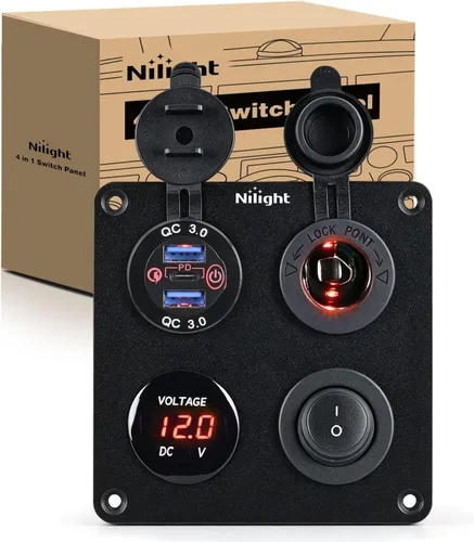 Vista 10 de Nilight Panel de enchufe de cargador de encendido y apagado 4 en 1, cargador USB dual, toma de corriente, voltímetro LED, encendedor de cigarrillos