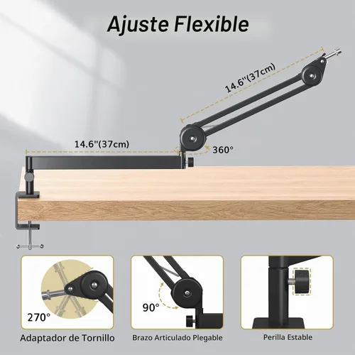 Vista 5 de TONOR Brazo de Micrófono Boom, Brazo de Micrófono de Bajo Perfil, Soporte de Micrófono Completamente Ajustable con Abrazadera de Montaje