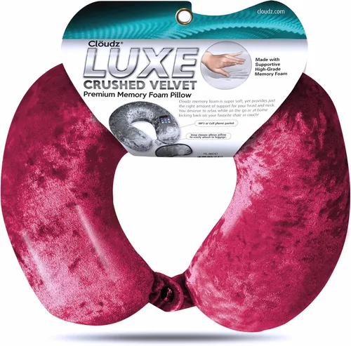 Vista 3 de Luxe Crushed Velvet Ultra Premium Comforlite Almohada de cuello de viaje en avión con máscara de dormir lujosamente suave a juego, color rojo
