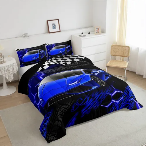 Vista 5 de Feelyou Juego de ropa de cama de coche de carreras para niños y niñas, tamaño individual, juego de edredón deportivo de velocidad para adolescentes