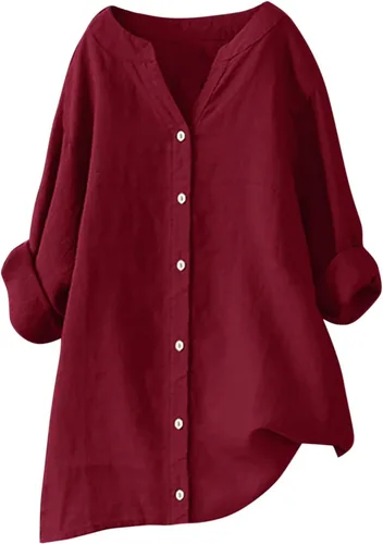 Vista 12 de Camisas de algodón y lino con botones para mujer, cuello en V, manga larga, blusas elegantes y casuales