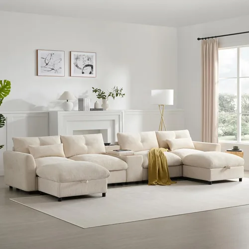 Vista 3 de Sofá seccional de gran tamaño de 142 pulgadas con 2 otomanas y consolas de almacenamiento móviles, sofá modular de felpilla en forma de U de 6