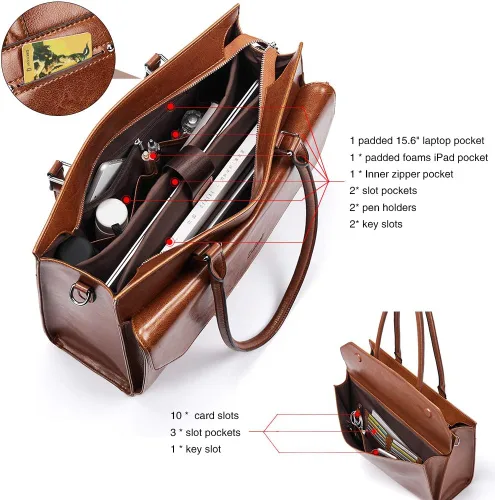 Vista 3 de CLUCI Maletín de negocios de cuero de 15.6 pulgadas para mujeres con 2 compartimentos con cremallera bolsa para portátil Oil Wax Leather, Business