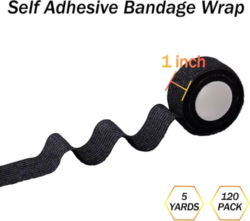 Vista 2 de BQTQ 120 rollos de vendaje autoadhesivo de 1 pulgada x 5 yardas, cinta atlética negra, vendajes elásticos autoadhesivos, cinta para esguinces