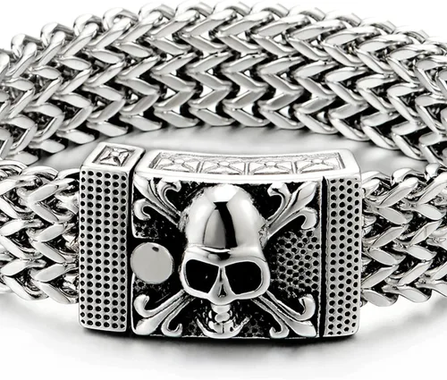Vista 2 de COOLSTEELANDBEYOND Mens Large Stainless Steel Franco Link Curb Chain Bracelet with Pirate Skulls Clasp