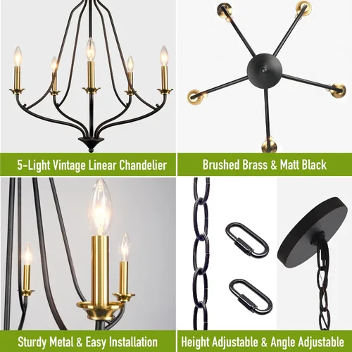 Vista 11 de Candelabro de 5 luces color negro mate y latón, 25 pulgadas, color dorado cepillado, iluminación colgante moderna para isla de cocina, comedor