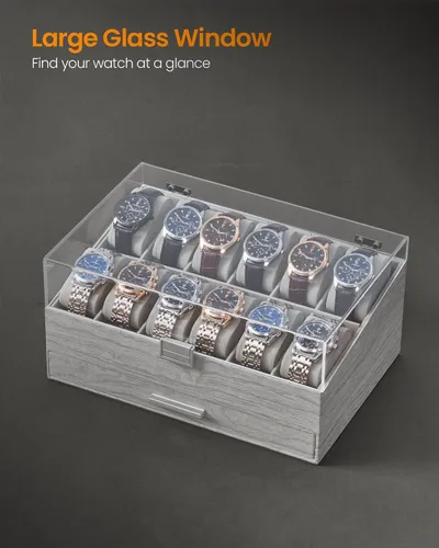 Vista 4 de Hzuaneri Caja de reloj, regalos de Navidad, caja de reloj de 12 ranuras con tapa acrílica grande, almohadas de reloj extraíbles, organizador de caja