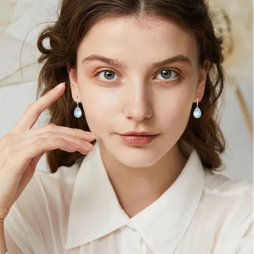 Vista 7 de Aretes de plata de ley 925 con diseño de gato, árbol de la vida, piedra lunar, lágrima, filigrana, colgantes, para mujeres y niñas