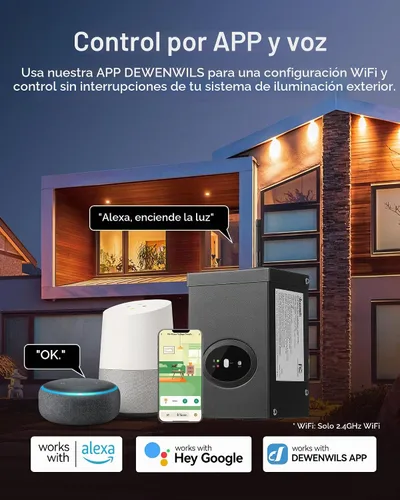 Vista 2 de DEWENWILS Transformador de bajo voltaje inteligente de 200W para paisaje, impermeable, programador y temporizador, compatible con Alexa y Google