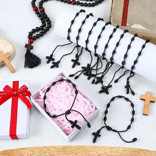 Vista 4 de Otuuz 24 pulseras de rosario católico negro hechas a mano con cruz de rosario para hombres y mujeres, 10 nudos con recuerdos de mano de bautizo