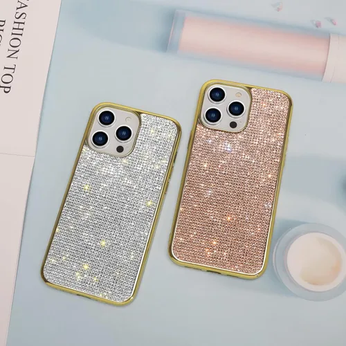 Vista 5 de LUVI Bonita funda compatible con iPhone 13 Pro Max Bling Diamond para mujer, con diamantes de imitación 3D, cubierta protectora brillante con Oro