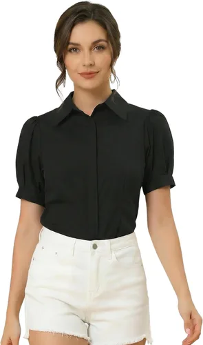 Vista 9 de Allegra K Camisa de manga corta con botones para mujer, con cuello y manga corta
