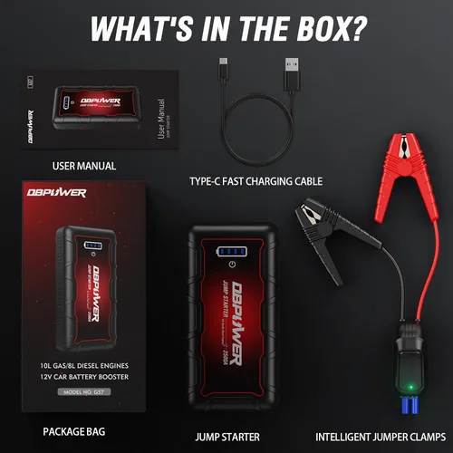 Vista 7 de DBPOWER Arrancador de auto portátil 2500A pico 74Wh (motores de hasta 10L de gasolina/8L de diésel) 12V paquete de batería portátil con cables
