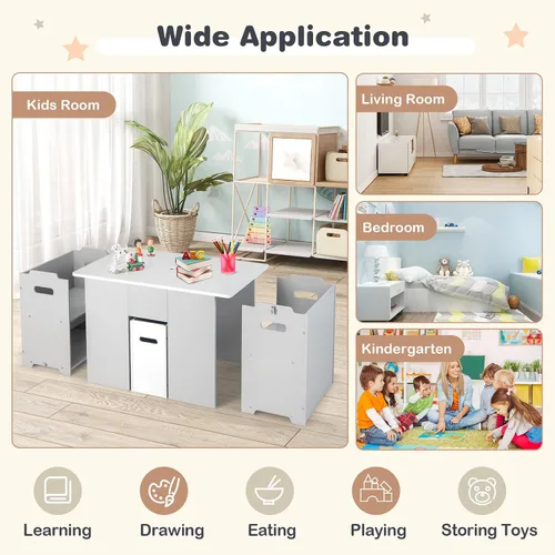 Vista 3 de HONEY JOY Juego de mesa y silla para niños, mesa convertible para niños y 2 bancos y estantería organizadora de almacenamiento de juguetes de 4