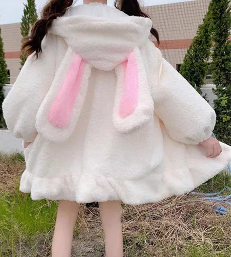 Vista 5 de BZB Sudaderas con capucha de conejo de anime Kawaii para mujer, suéter de conejo mullido y mullido para cosplay, abrigos