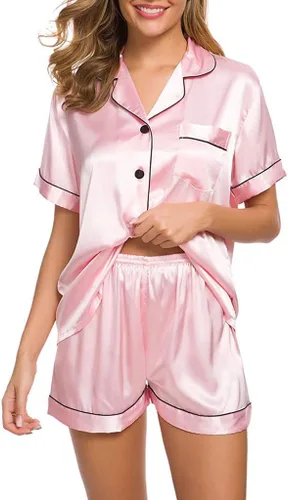 Vista 3 de Conjunto de pijama de satén para mujer, de manga corta, con botones, cuello y ropa de dormir de seda suave