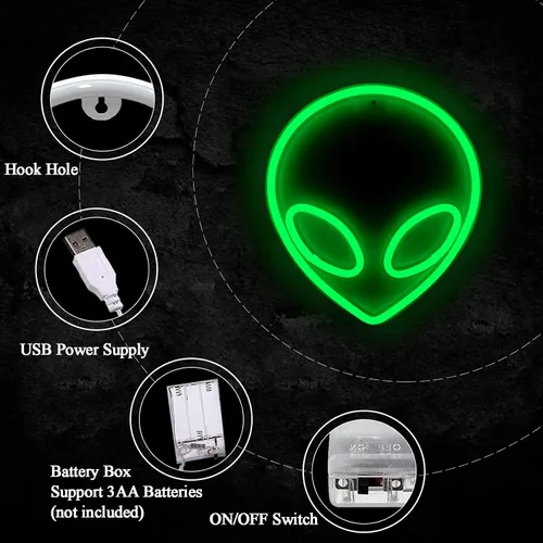 Vista 2 de Letrero de neón alienígena LED verde con luces de neón USB/funciona con pilas, letrero de luces alienígenas genial para decoración de pared