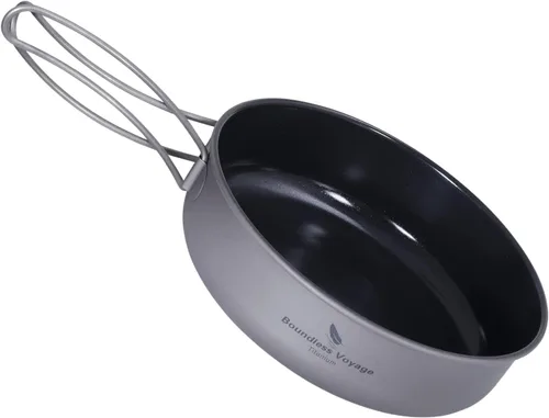 Vista 8 de Boundless Voyage Sartén antiadherente de titanio con mango plegable, revestimiento de cerámica antiadherente, olla de cocina para acampar al aire