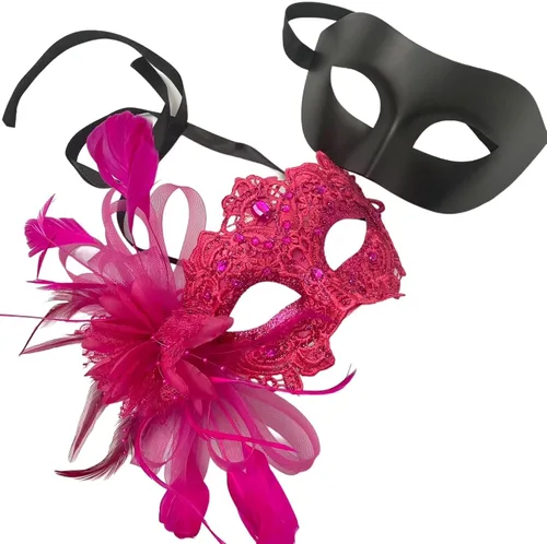 Vista 36 de MASQ Par de máscaras de encaje brocado para mascarada, Mardi Gras, cumpleaños, graduación, boda, fiesta Bk Lace W Pluma