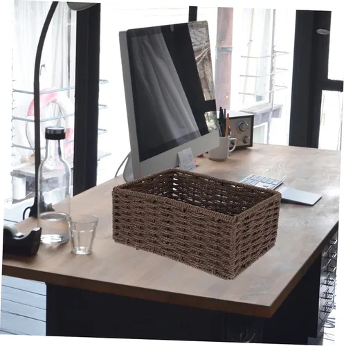 Vista 3 de Caja de almacenamiento rectangular de café, madera y ratán, 8.72x6.09x3.54 pulgadas