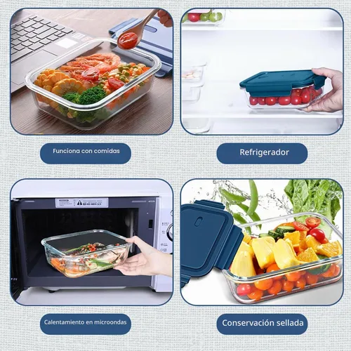 Vista 6 de 6 recipientes rectangulares de vidrio para almacenamiento de alimentos con tapas, recipientes de preparación de comidas para almacenamiento de Azul