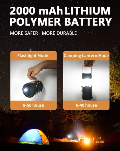 Vista 4 de Linterna solar de campamento con manivela, linterna LED ultra brillante portátil de gran capacidad, cargador USB, linterna electrónica