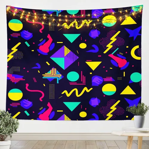 Vista 12 de Tapiz retro de los años 80 y 90, tamaño pequeño de 51 x 59, tapices geométricos abstractos urbanos modernos y colgantes de pared triangulares, arte