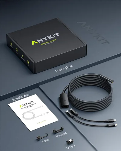 Vista 9 de Cámara de endoscopio USB Anykit con 8 luces LED ajustables, boroscopio con cámara serpiente semirrígida, cámara de inspección IP67 impermeable