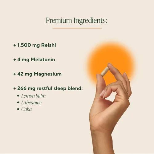 Vista 6 de OM MUSHROOM SUPERFOOD Cápsulas de hongos para dormir, suplemento superalimentario, 90 unidades, 30 días, Reishi, GABA, L-teanina, melatonina
