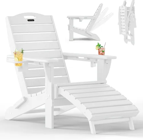 Vista 14 de Sillas Adirondack ajustables con otomana retráctil, silla Adirondack plegable de HDPE con 2 soportes para tazas, resistente a la intemperie