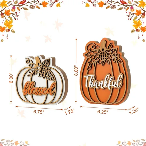 Vista 3 de Glitzhome Juego de 2 decoraciones de calabaza de madera de Acción de Gracias (6 pulgadas y 8 pulgadas de alto) – Decoración de mesa de granja