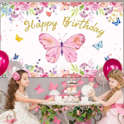 Vista 6 de Tatuo Telón de fondo de mariposa de feliz cumpleaños de 6 x 4 pies, decoración de fiesta de cumpleaños de mariposa rosa para niñas y mujeres