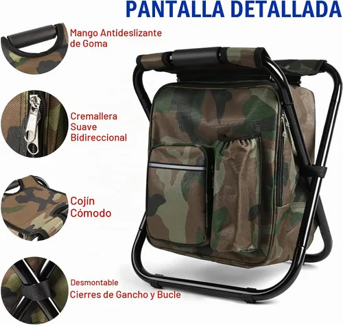 Vista 6 de Kikerike Mochila plegable con aislamiento, silla plegable para camping, caza, pesca, multifunción con bolsillo frontal y bolsillo para botella