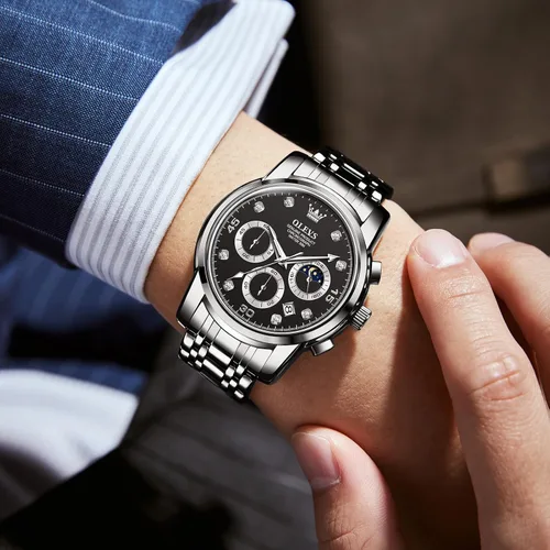 Vista 2 de OLEVS Reloj cronógrafo para hombre, esfera grande, multifuncional, fácil de leer, de acero inoxidable, analógico, de cuarzo, con fecha, de lujo
