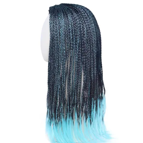 Vista 5 de Tembol Peluca de trenza larga para mujer, mezcla de color azul y negro, peluca de Halloween, cosplay, peluca de fiesta de disfraces de anime