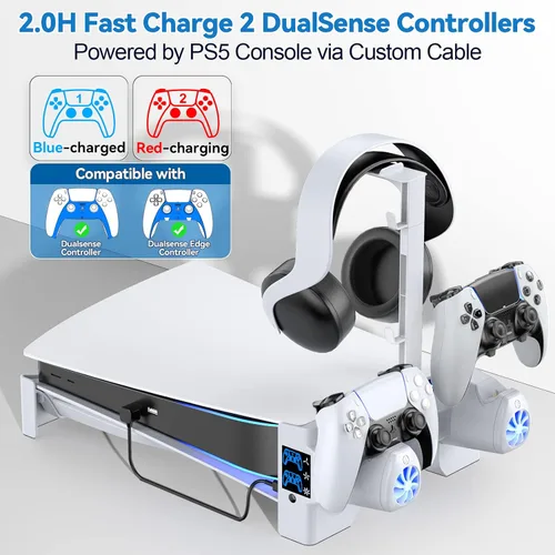 Vista 3 de Soporte horizontal para PS5 con ventiladores de refrigeración de 3 niveles para consola Playstation 5, controlador de accesorios PS5, estación
