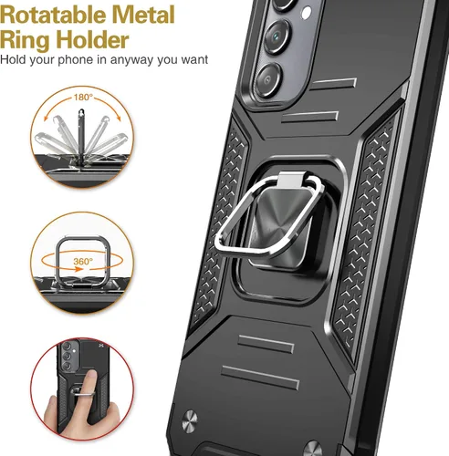 Vista 2 de Funda para Galaxy A15 con protector de pantalla negro para hombres y niños, cubierta híbrida de prueba de caídas con soporte para tarjeta de montaje