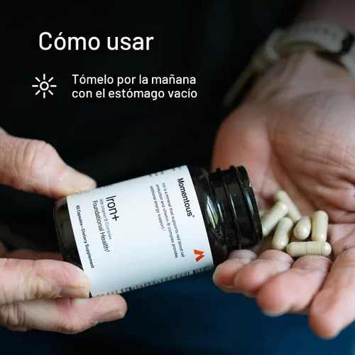 Vista 5 de Momentous Iron+ con vitamina C y complejo de vitamina B, cápsulas de hierro Ferrochel para apoyo fundamental de la salud, certificado NSF