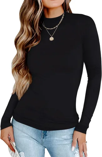 Vista 2 de PINKMSTYLE Camiseta de manga larga con cuello alto falso y doble forro para mujer, ropa interior térmica ajustada para otoño