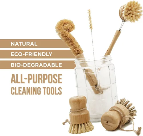 Vista 2 de Juego de cepillos de bambú natural con soporte - Cepillo de madera ecológico para platos