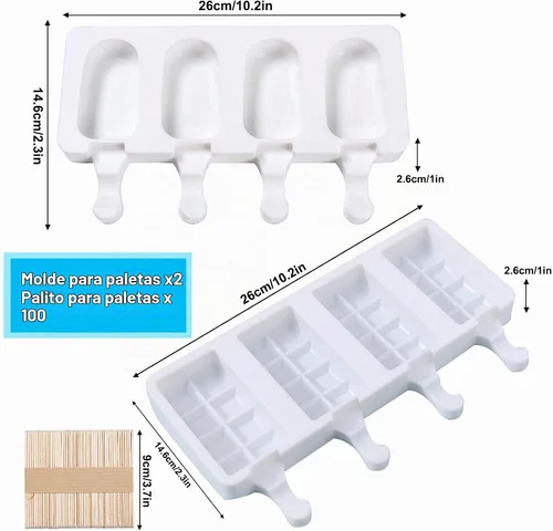 Vista 2 de 2 moldes para paletas, moldes de silicona grandes de 4 cavidades para tartas, moldes de helado para paletas de bricolaje con 100 palos de madera