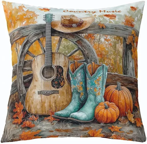 Vista 34 de Castle Fairy Cowboy Boots Throw Pillow Cover 16"x16" Bohemia Musical Guitar Pillowcase Western Rustic Cowgirl Reversible Print Cushion Cover Music