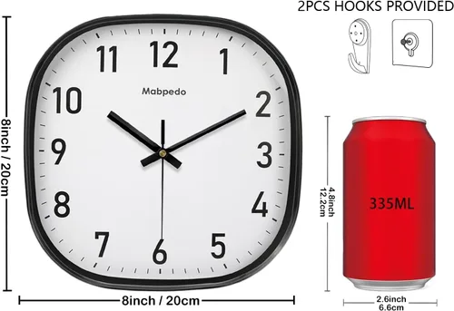Vista 3 de Reloj de Pared Pequeño, 8 Pulgadas Silencioso Sin Tictac Reloj Operado por Batería, Reloj de Pared Cuadrado Analógico Decorativo para Dormitorio